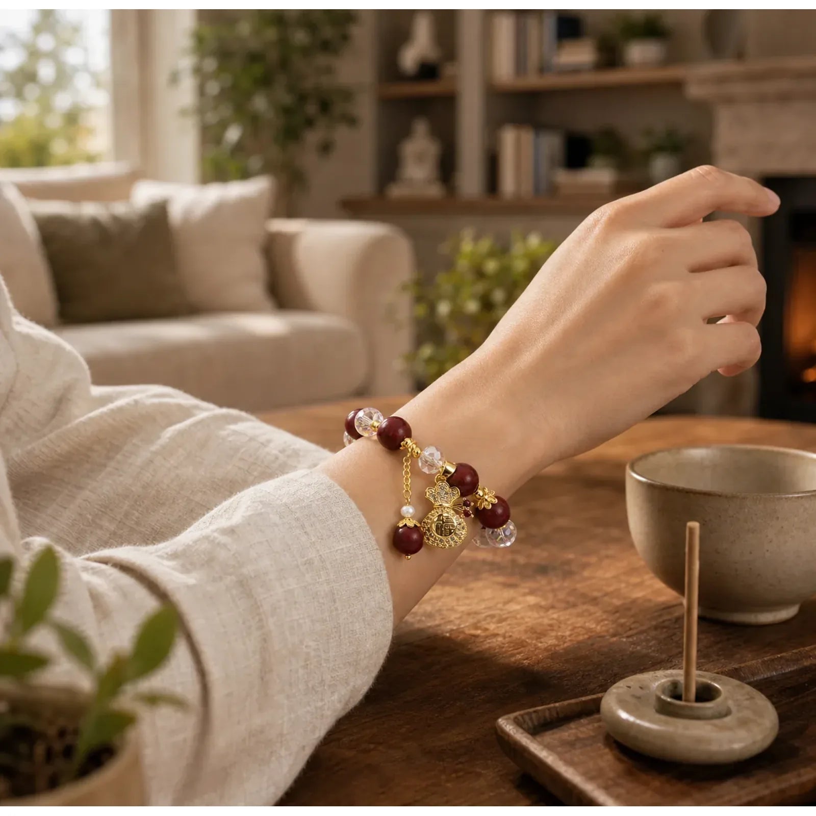 Sandalwood Fu Character Lucky Fortune Money Bag Charm Protection Bracelet featuring Sandalwood, Fu Character