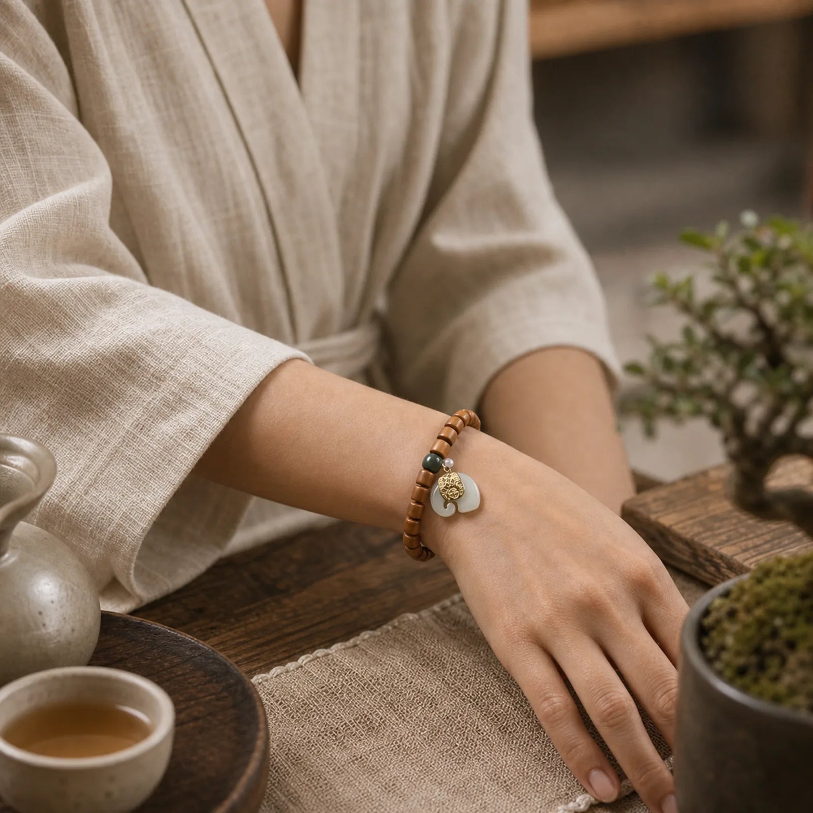 Sandalwood Jade Elephant Protection Bracelet featuring Sandalwood, Jade, Elephant Symbol