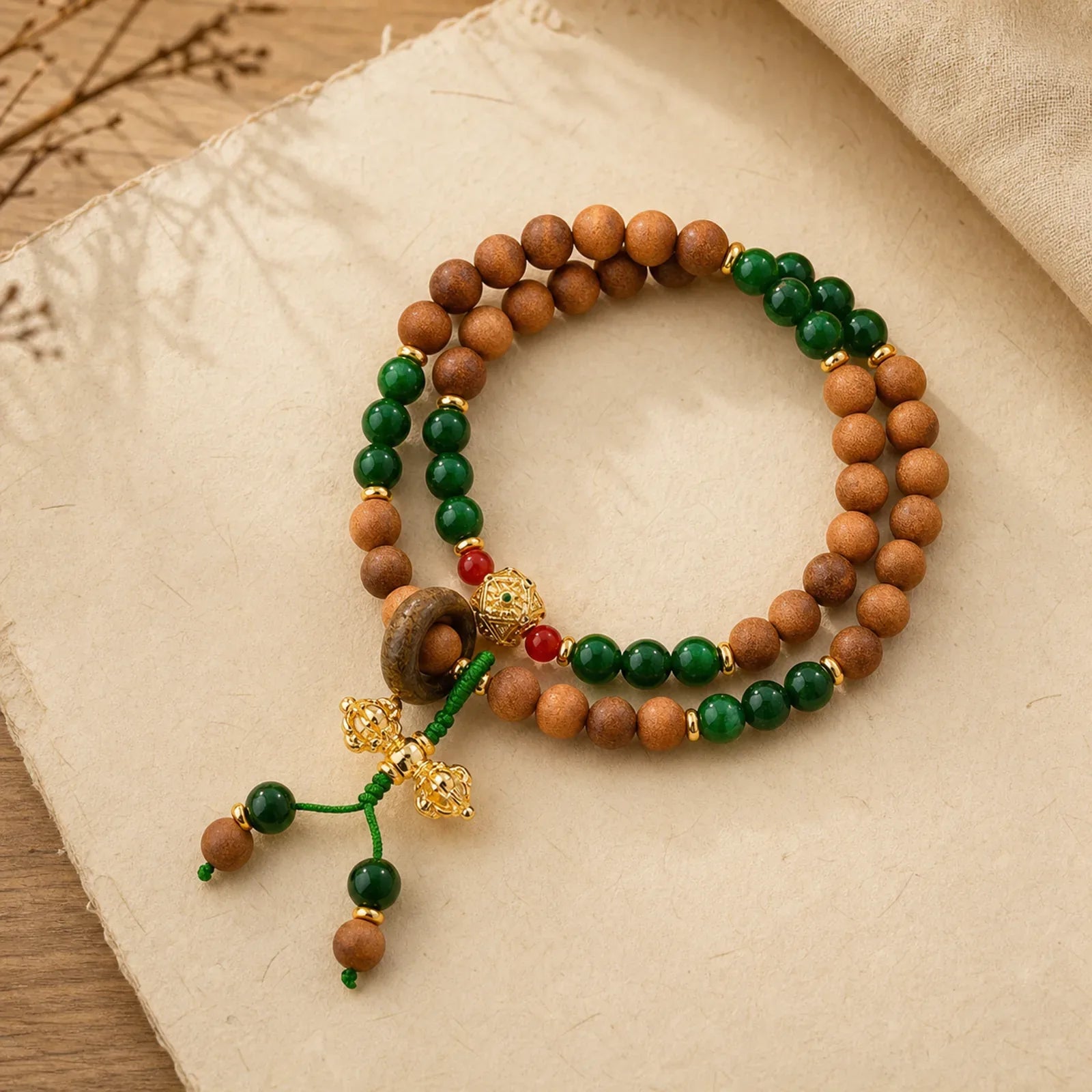 Sandalwood Wood Bead Tibet Dorje Vajra Double Twisted Design Protection Healing Bracelet featuring Sandalwood, Vajra