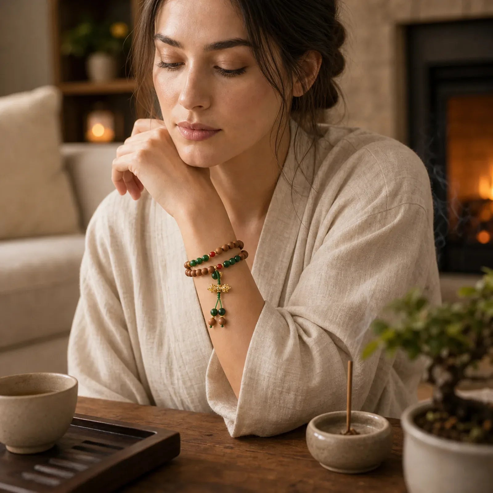 Sandalwood Wood Bead Tibet Dorje Vajra Double Twisted Design Protection Healing Bracelet featuring Sandalwood, Vajra