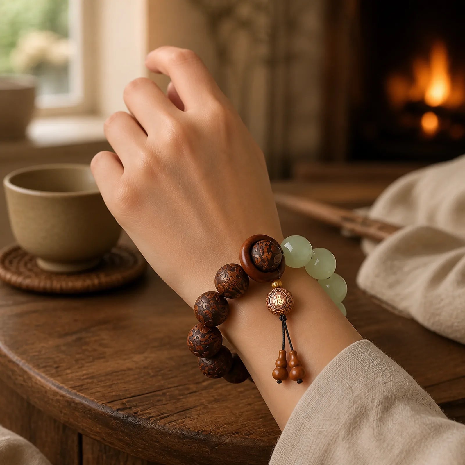 Sappan Wood Engraving Pixiu Fu Character Cure Bracelet featuring Pixiu, Fu Character, Rosewood