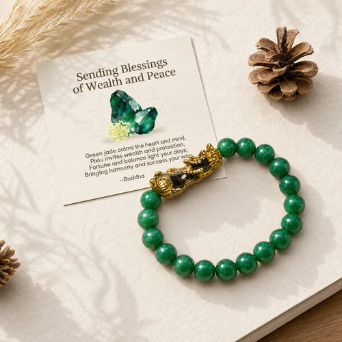 "Sending Blessings of Wealth and Peace" PiXiu Jade Bracelet Includes Gift Message Card featuring Pixiu, Jade, Green Jade
