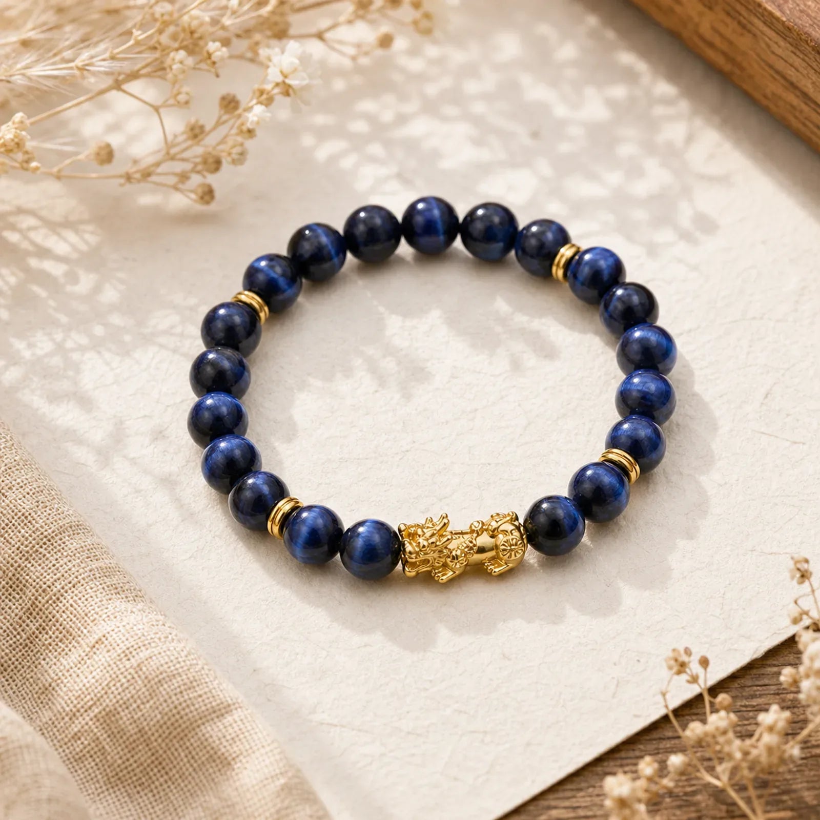 "Sending Focus and Prosperity" Tiger Eye Pixiu Bracelet Includes Gift Message Card featuring Tiger Eye, Pixiu, Blue Tiger Eye