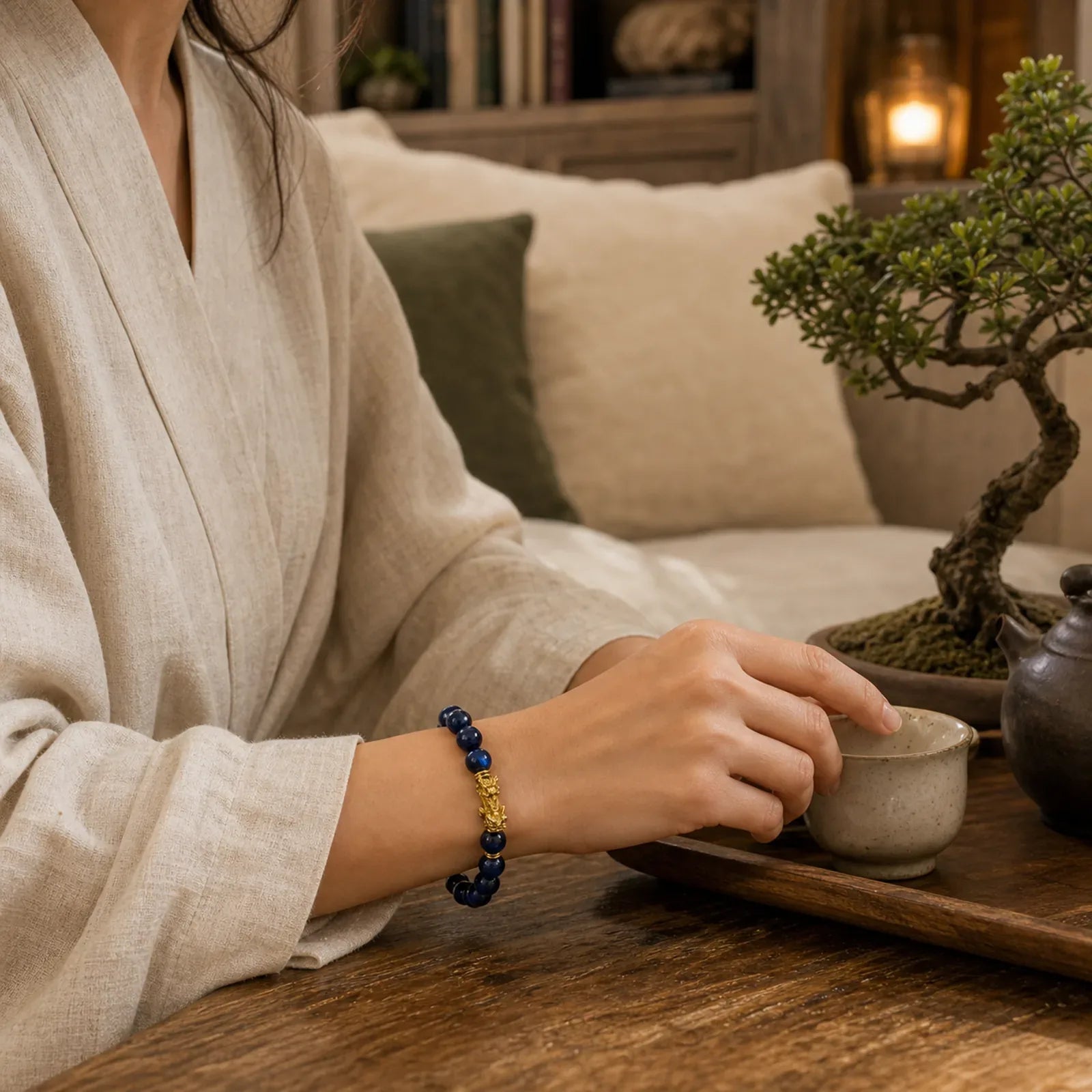 "Sending Focus and Prosperity" Tiger Eye Pixiu Bracelet Includes Gift Message Card featuring Tiger Eye, Pixiu, Blue Tiger Eye