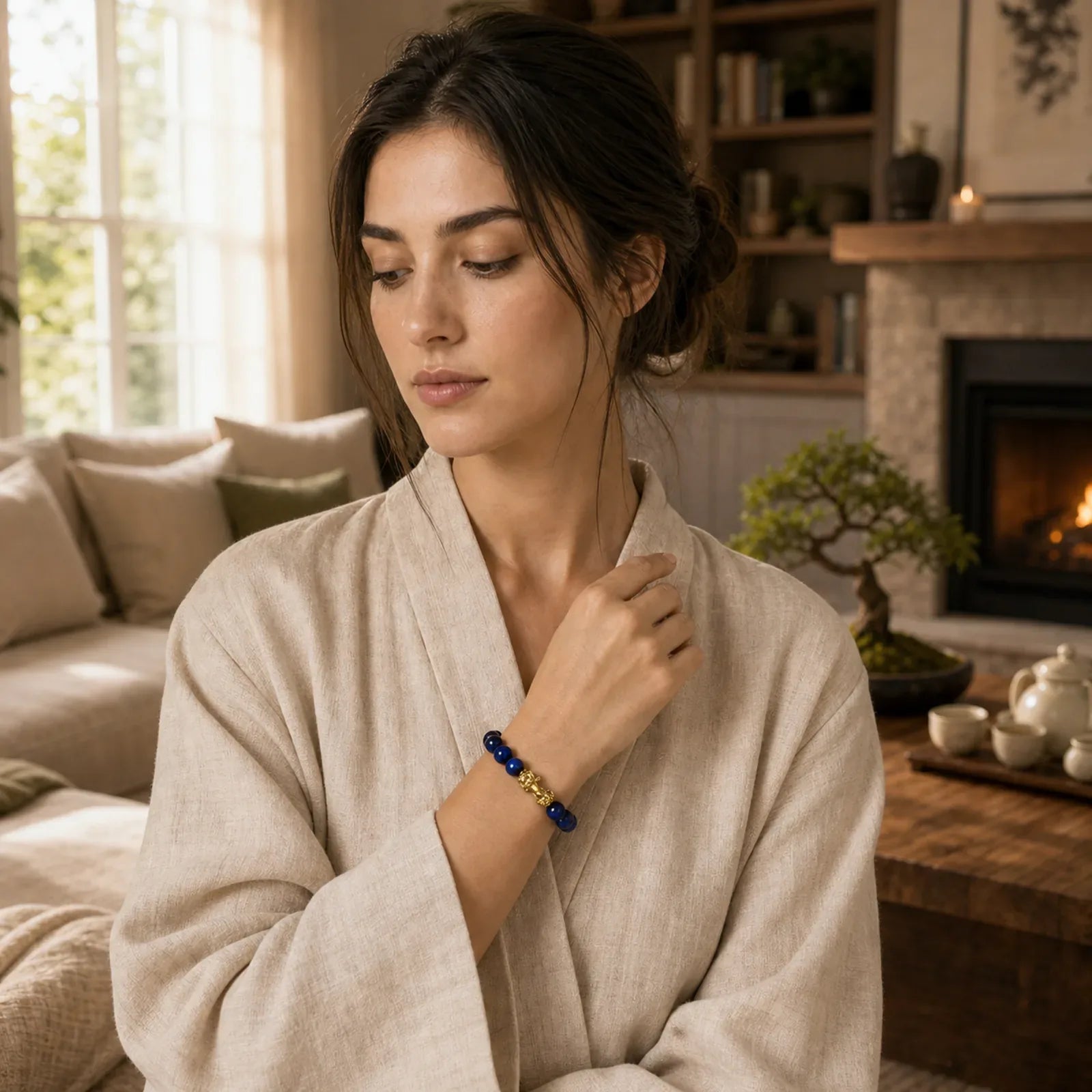 "Sending Focus and Prosperity" Tiger Eye Pixiu Bracelet Includes Gift Message Card featuring Tiger Eye, Pixiu, Blue Tiger Eye