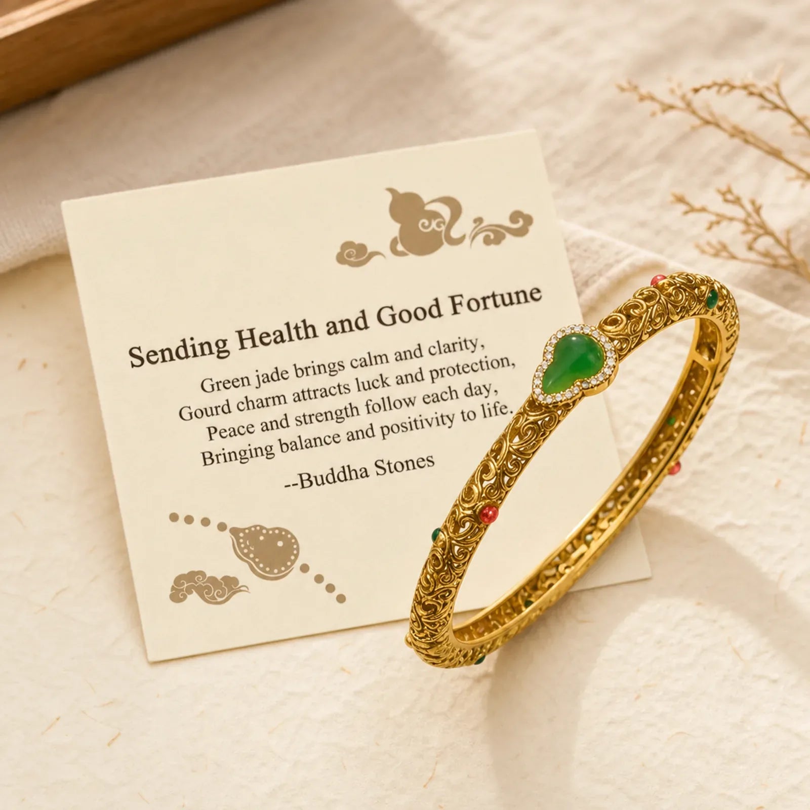 "Sending Health and Good Fortune" Cyan Jade Copper Bangle Includes Gift Message Card featuring Cyan Jade, Jade, Copper