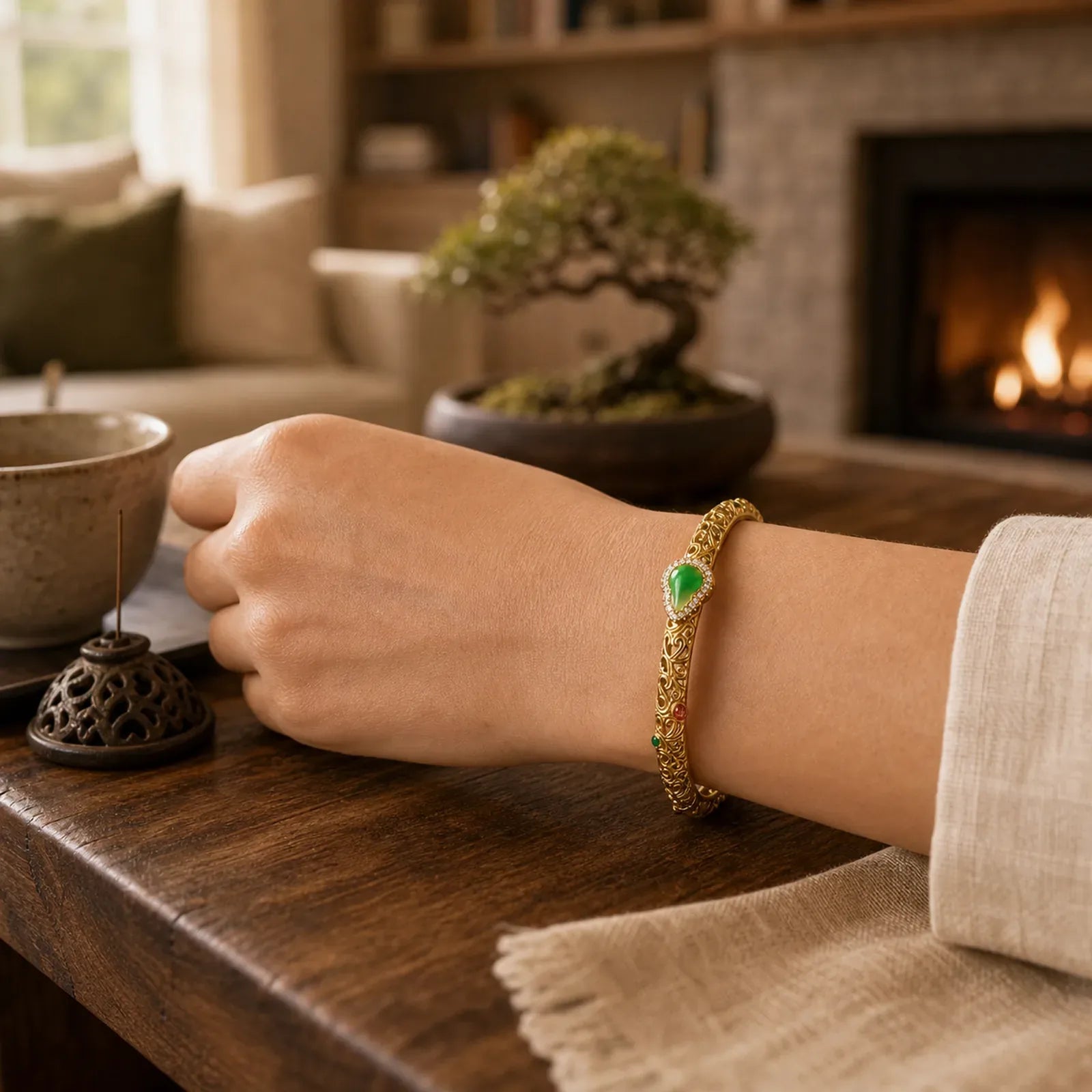 "Sending Health and Good Fortune" Cyan Jade Copper Bangle Includes Gift Message Card featuring Cyan Jade, Jade, Copper