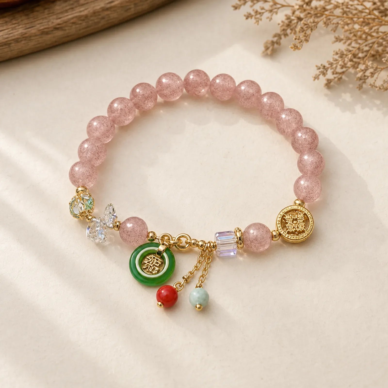 "Sending Love and Harmony"Strawberry Quartz Bracelet Includes Gift Message Card featuring Strawberry Quartz, Jade, Fu Character