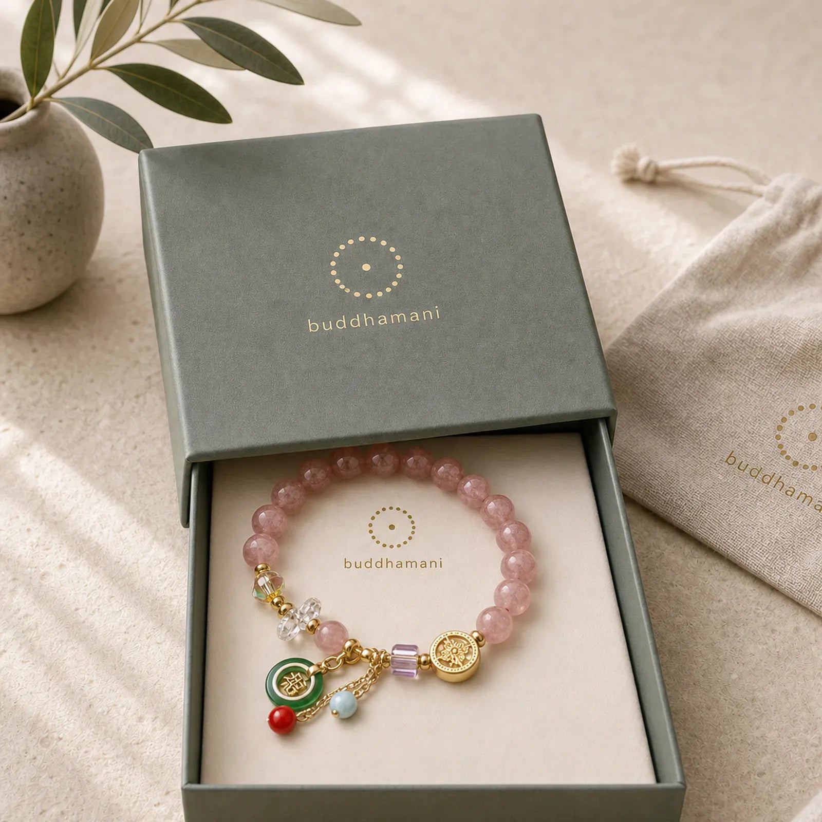 "Sending Love and Harmony"Strawberry Quartz Bracelet Includes Gift Message Card featuring Strawberry Quartz, Jade, Fu Character