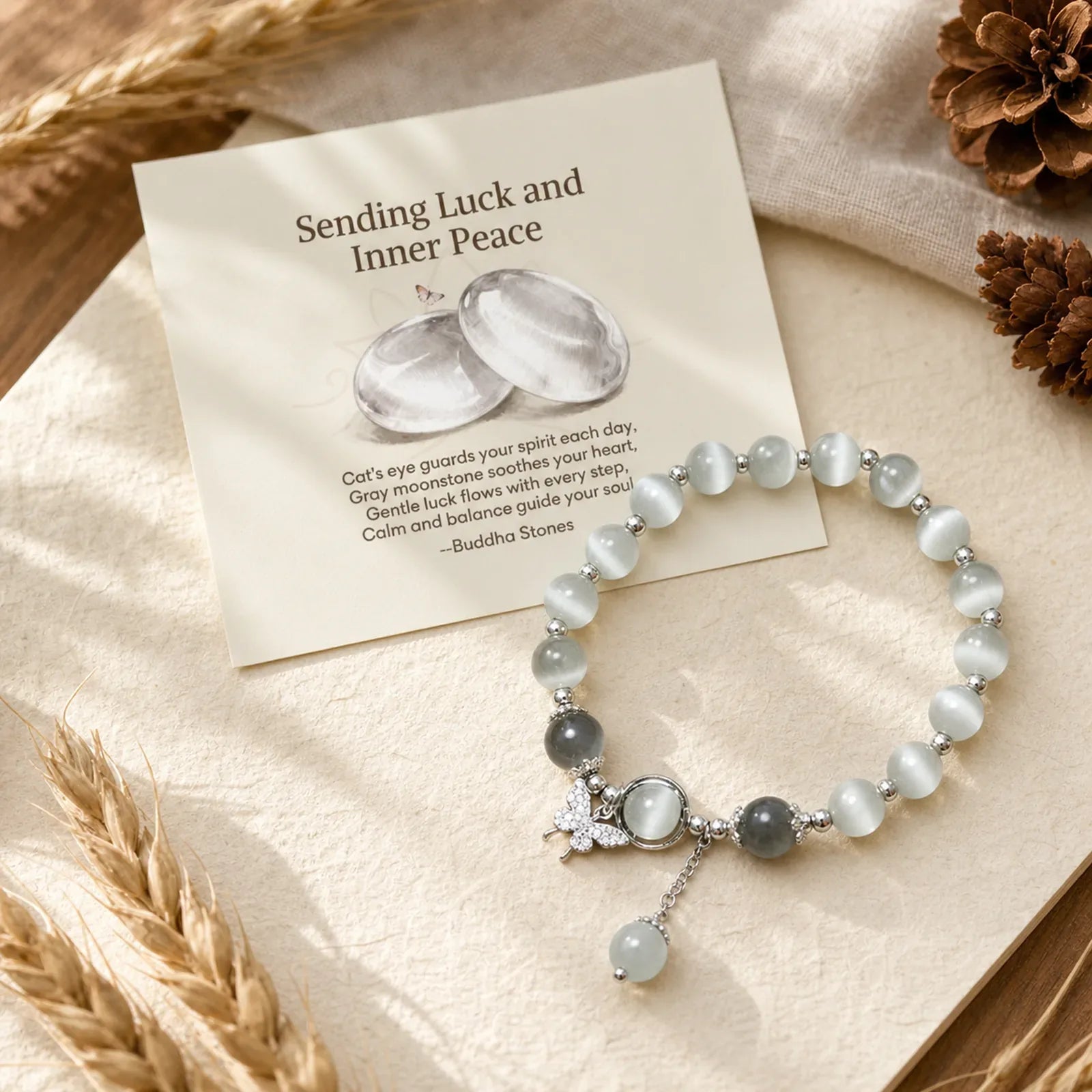 "Sending Luck and Inner Peace" Cat's Eye Butterfly Bracelet Includes Gift Message Card featuring Cat's Eye / Chrysoberyl, Butterfly, Moonstone