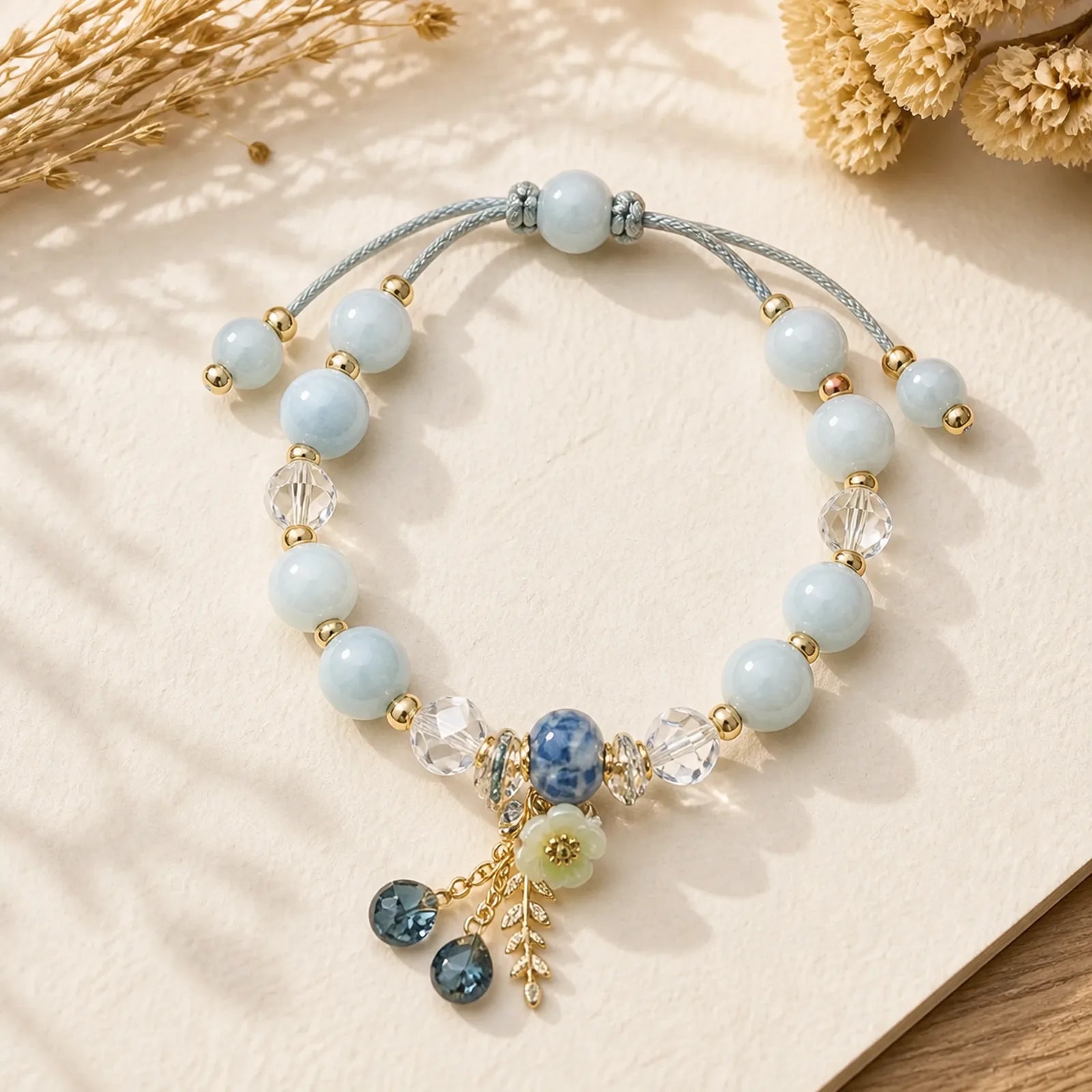 "Sending You Peace and Grace" Blue Crystal Flower Bracelet Includes Gift Message Card featuring Blue Crystal