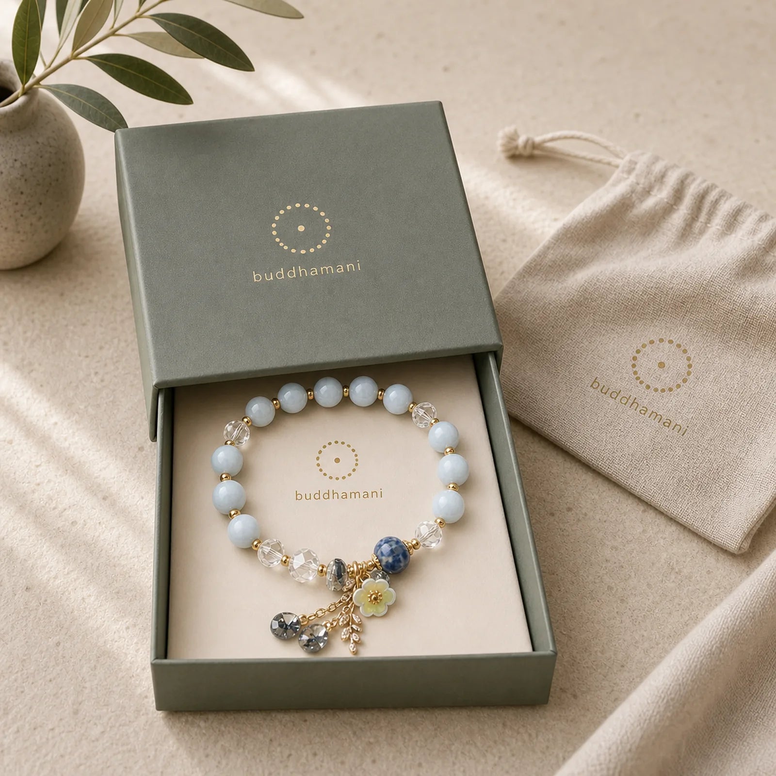 "Sending You Peace and Grace" Blue Crystal Flower Bracelet Includes Gift Message Card featuring Blue Crystal