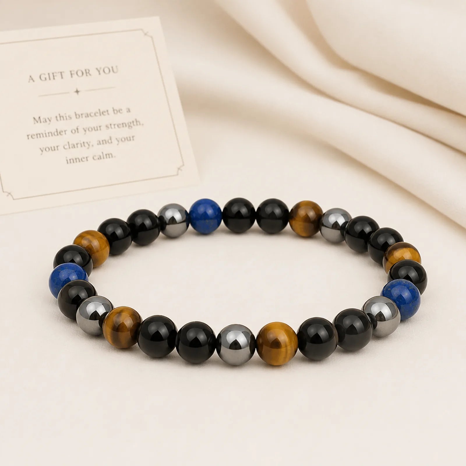 "Sending You Power and Protection" Tiger's Eye Bracelet Includes Gift Message Card featuring Tiger Eye, Hematite, Black Obsidian