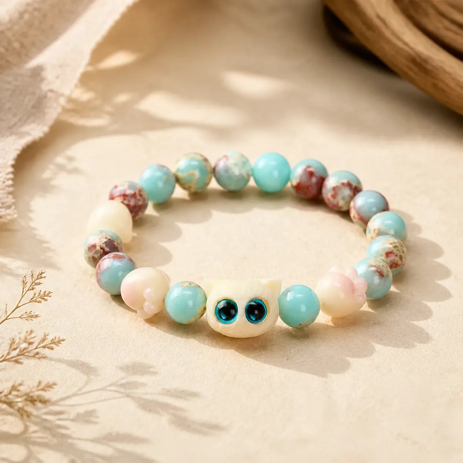 Shoushan Stone Hand-Carved Cat Purity Relief Bead Bracelet featuring Shoushan Stone, Bodhi Seed, Ivory Fruit