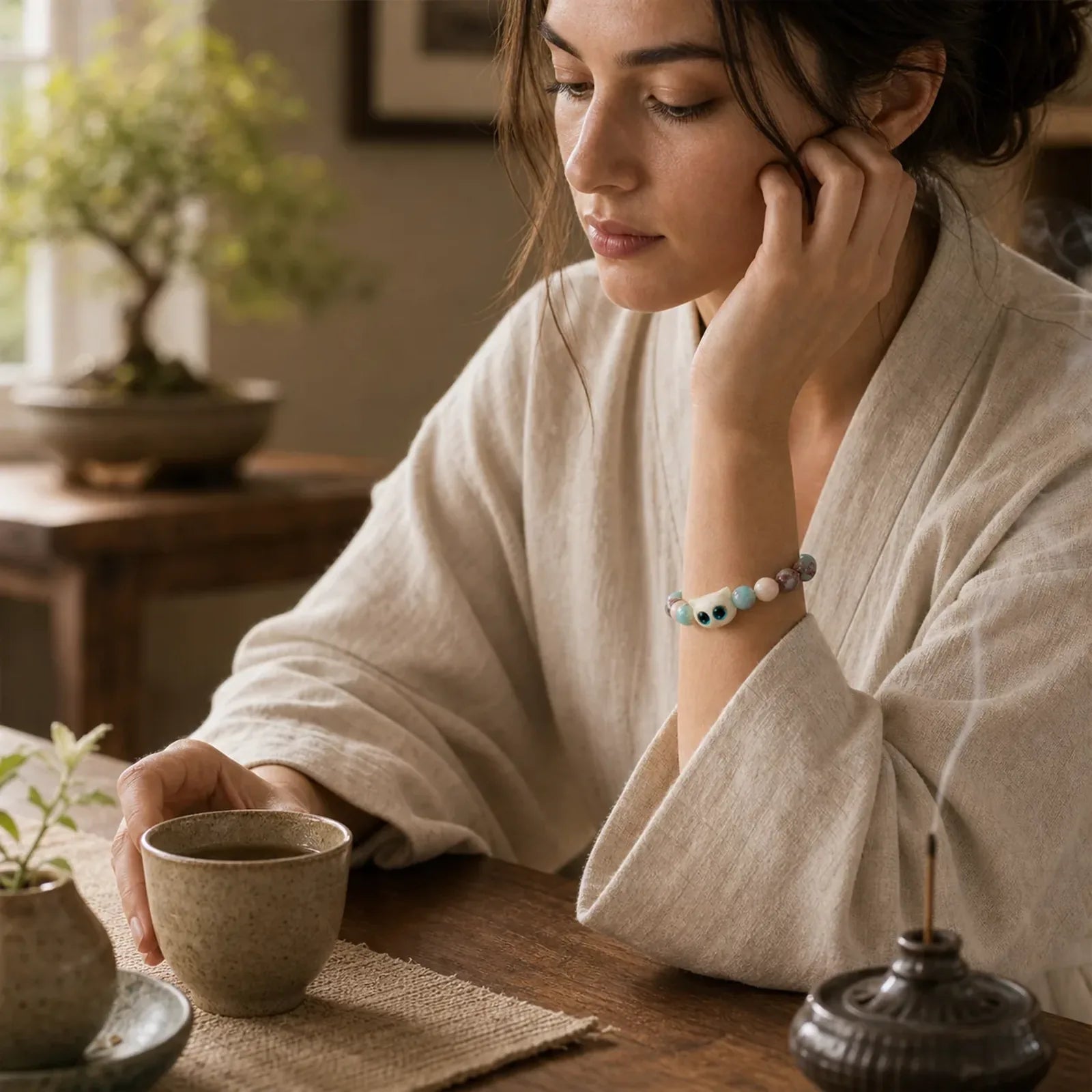 Shoushan Stone Hand-Carved Cat Purity Relief Bead Bracelet featuring Shoushan Stone, Bodhi Seed, Ivory Fruit