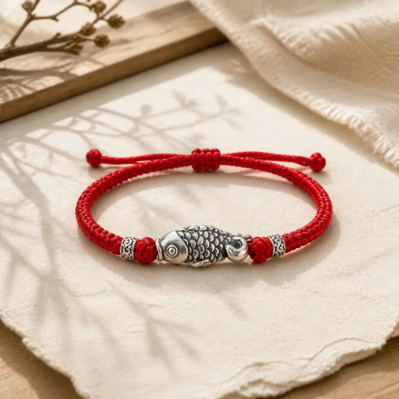 Silver Luck Koi Fish Braided String Bracelet featuring Silver, Koi Fish, Red String