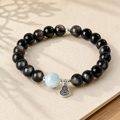 Silver Sheen Obsidian Aquamarine Grounding Lucky Gourd Round Bracelet featuring Silver, Silver Sheen Obsidian, Obsidian
