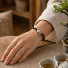 Silver Sheen Obsidian Aquamarine Grounding Lucky Gourd Round Bracelet featuring Silver, Silver Sheen Obsidian, Obsidian