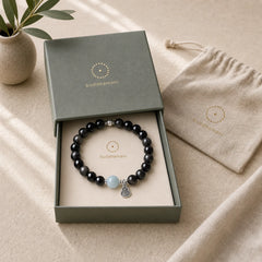 Silver Sheen Obsidian Aquamarine Grounding Lucky Gourd Round Bracelet featuring Silver, Silver Sheen Obsidian, Obsidian