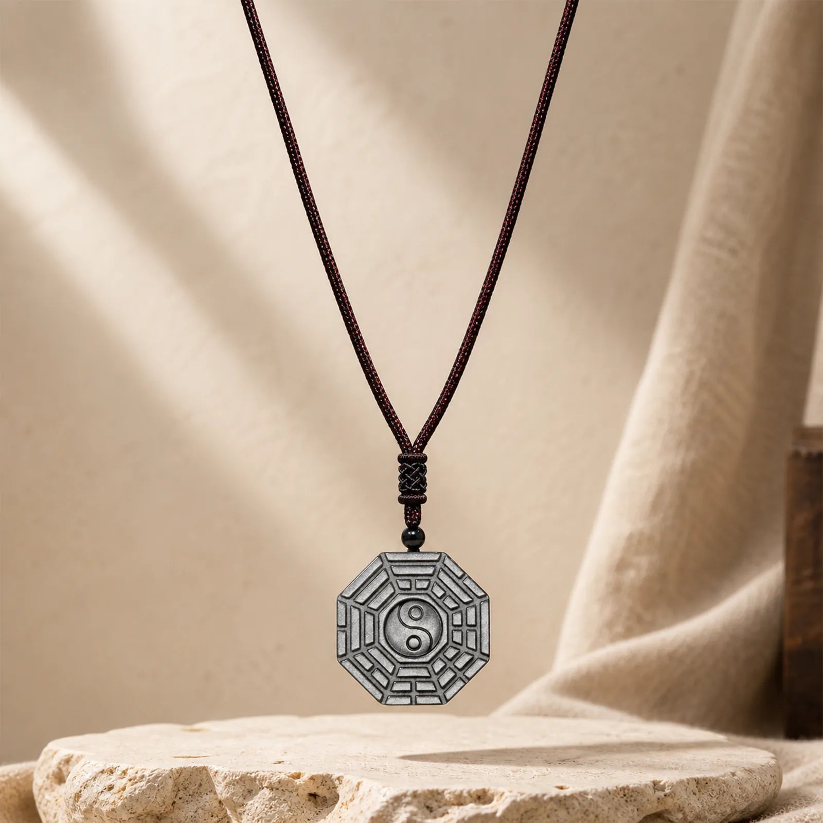 Silver Sheen Obsidian Bagua Yin Yang Symbol Protection Necklace Pendant featuring Silver, Silver Sheen Obsidian, Obsidian