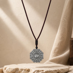 Silver Sheen Obsidian Bagua Yin Yang Symbol Protection Necklace Pendant featuring Silver, Silver Sheen Obsidian, Obsidian