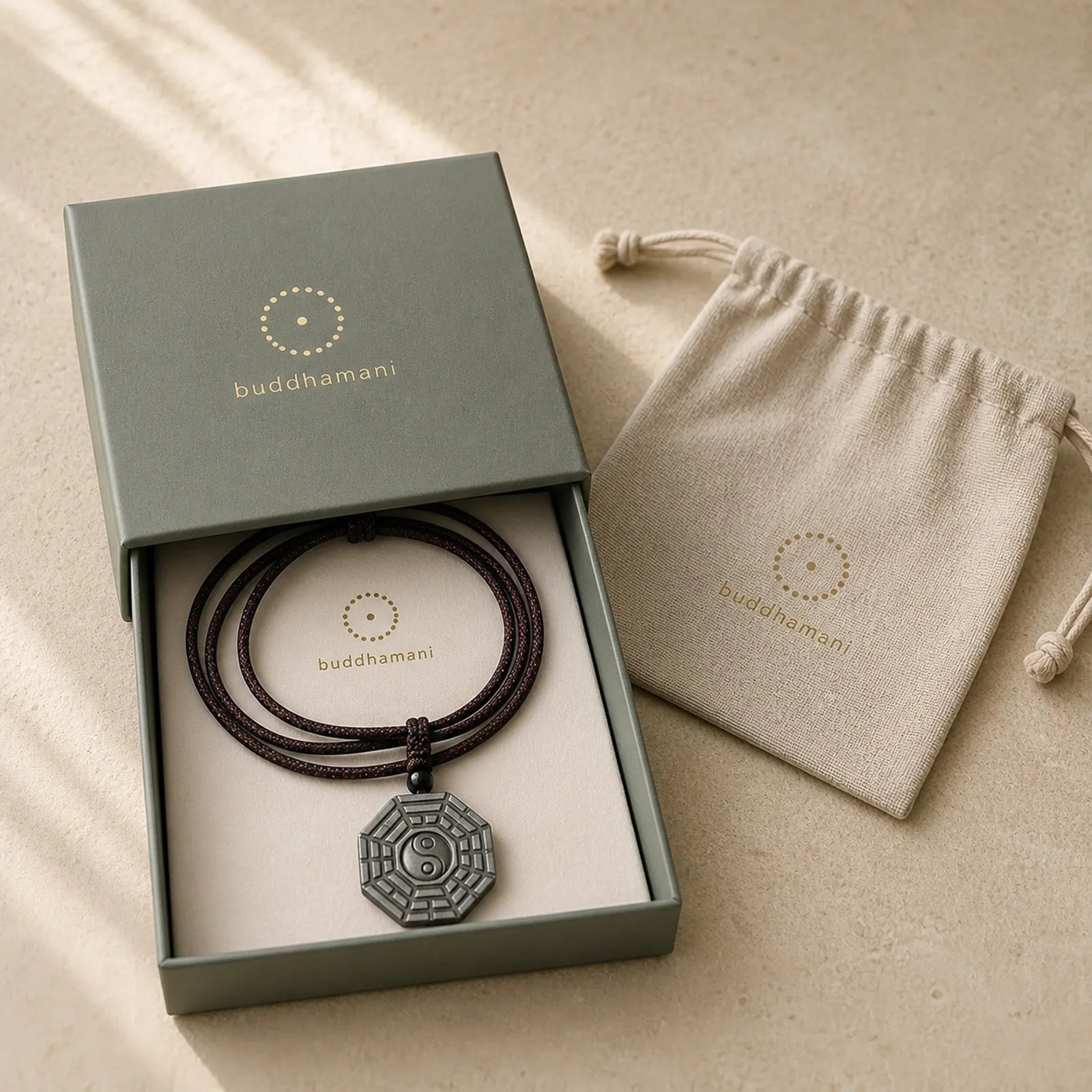 Silver Sheen Obsidian Bagua Yin Yang Symbol Protection Necklace Pendant featuring Silver, Silver Sheen Obsidian, Obsidian