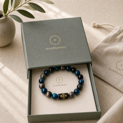 Silver Sheen Obsidian Blue Tiger Eye Black Onyx Five Elements Protection Bracelet featuring Silver, Silver Sheen Obsidian, Obsidian