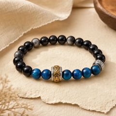 Silver Sheen Obsidian Blue Tiger Eye Om Mani Padme Hum Protection Bracelet featuring Silver, Silver Sheen Obsidian, Obsidian
