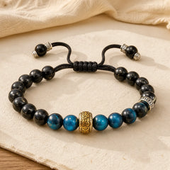 Silver Sheen Obsidian Blue Tiger Eye Om Mani Padme Hum Protection Bracelet featuring Silver, Silver Sheen Obsidian, Obsidian