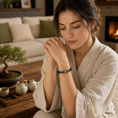 Silver Sheen Obsidian Blue Tiger Eye Om Mani Padme Hum Protection Bracelet featuring Silver, Silver Sheen Obsidian, Obsidian