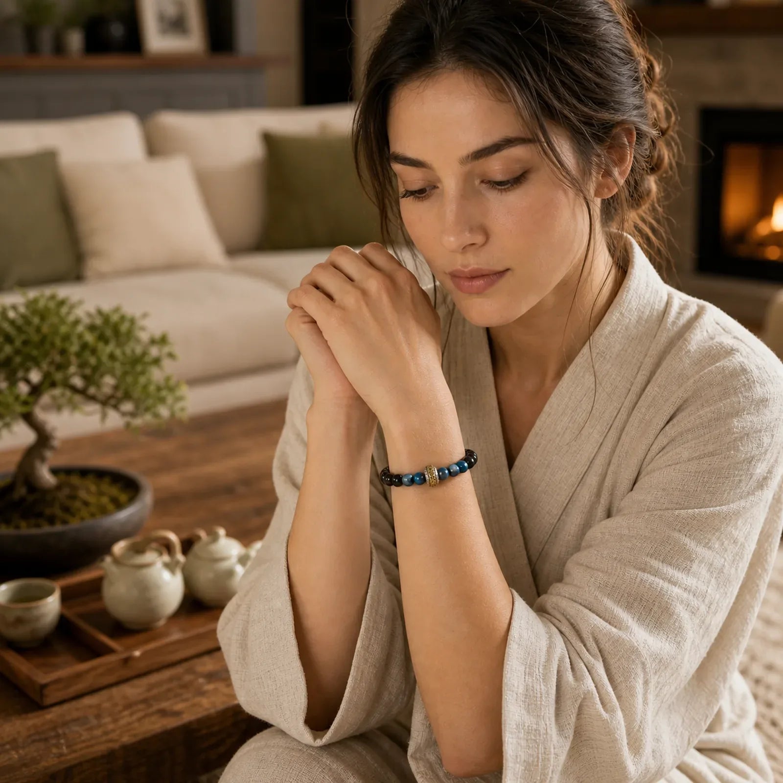Silver Sheen Obsidian Blue Tiger Eye Om Mani Padme Hum Protection Bracelet featuring Silver, Silver Sheen Obsidian, Obsidian