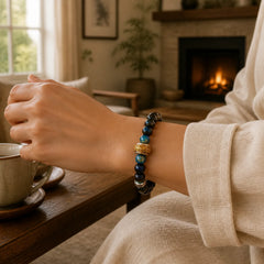 Silver Sheen Obsidian Blue Tiger Eye Om Mani Padme Hum Protection Bracelet featuring Silver, Silver Sheen Obsidian, Obsidian