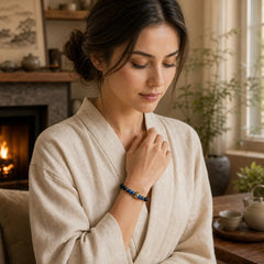 Silver Sheen Obsidian Blue Tiger Eye Om Mani Padme Hum Protection Bracelet featuring Silver, Silver Sheen Obsidian, Obsidian