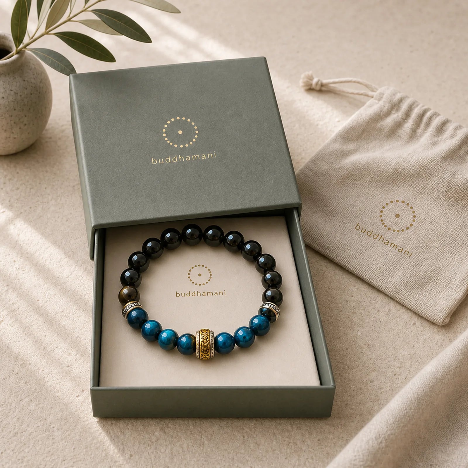 Silver Sheen Obsidian Blue Tiger Eye Om Mani Padme Hum Protection Bracelet featuring Silver, Silver Sheen Obsidian, Obsidian