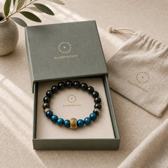 Silver Sheen Obsidian Blue Tiger Eye Om Mani Padme Hum Protection Bracelet featuring Silver, Silver Sheen Obsidian, Obsidian