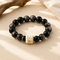 Silver Sheen Obsidian Bodhi Seed Ivory Fruit Dancing Lion Protection Bracelet featuring Silver, Silver Sheen Obsidian, Bodhi Seed
