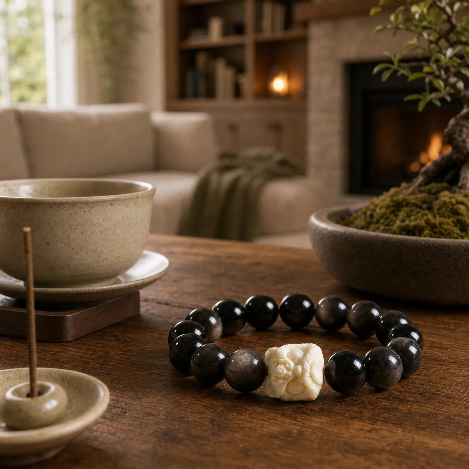 Silver Sheen Obsidian Bodhi Seed Ivory Fruit Dancing Lion Protection Bracelet featuring Silver, Silver Sheen Obsidian, Bodhi Seed
