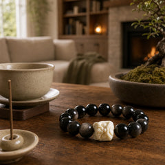Silver Sheen Obsidian Bodhi Seed Ivory Fruit Dancing Lion Protection Bracelet featuring Silver, Silver Sheen Obsidian, Bodhi Seed