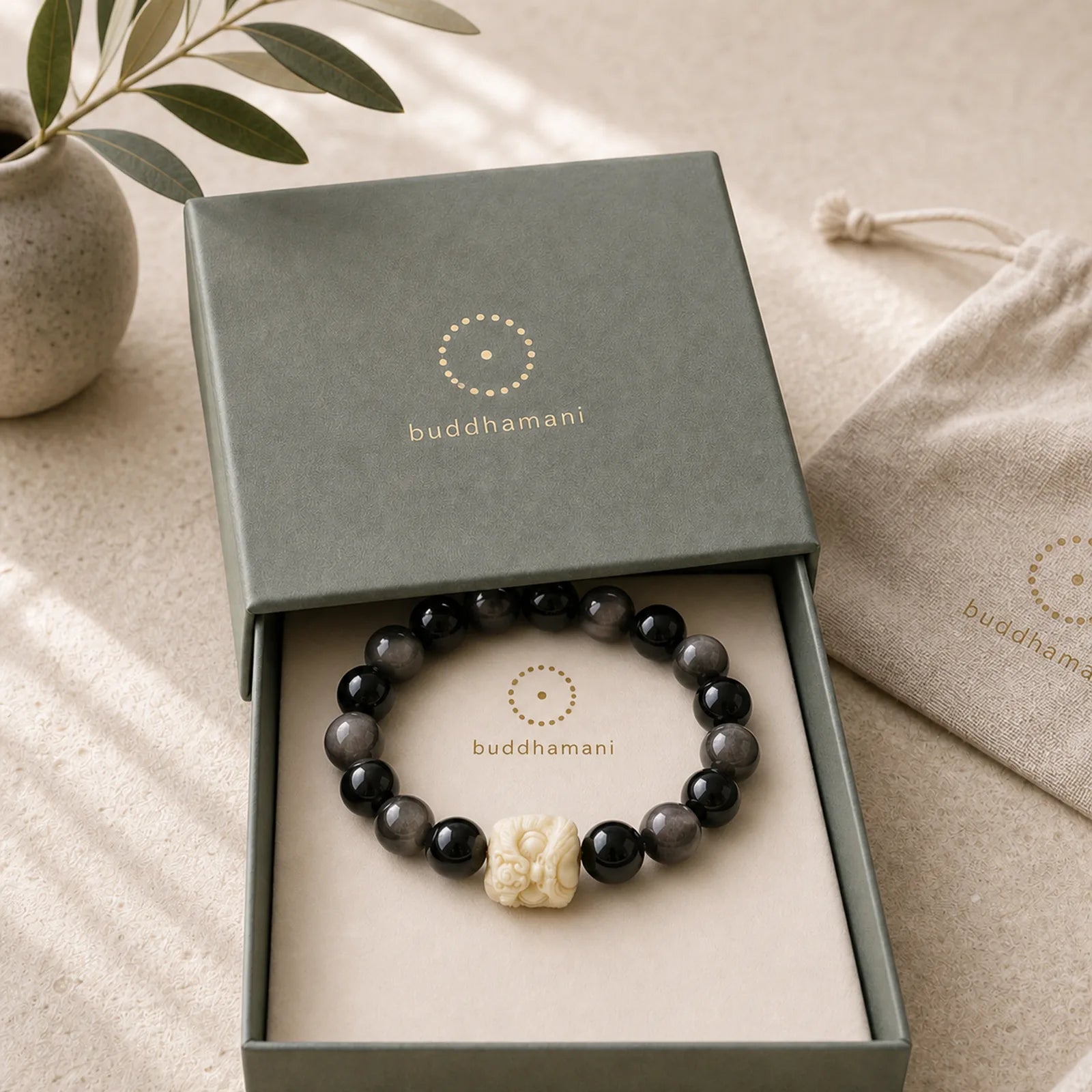 Silver Sheen Obsidian Bodhi Seed Ivory Fruit Dancing Lion Protection Bracelet featuring Silver, Silver Sheen Obsidian, Bodhi Seed