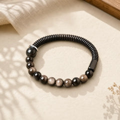 Silver Sheen Obsidian Coconut Shell Protection Bracelet featuring Silver, Silver Sheen Obsidian, Obsidian