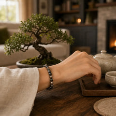 Silver Sheen Obsidian Coconut Shell Protection Bracelet featuring Silver, Silver Sheen Obsidian, Obsidian