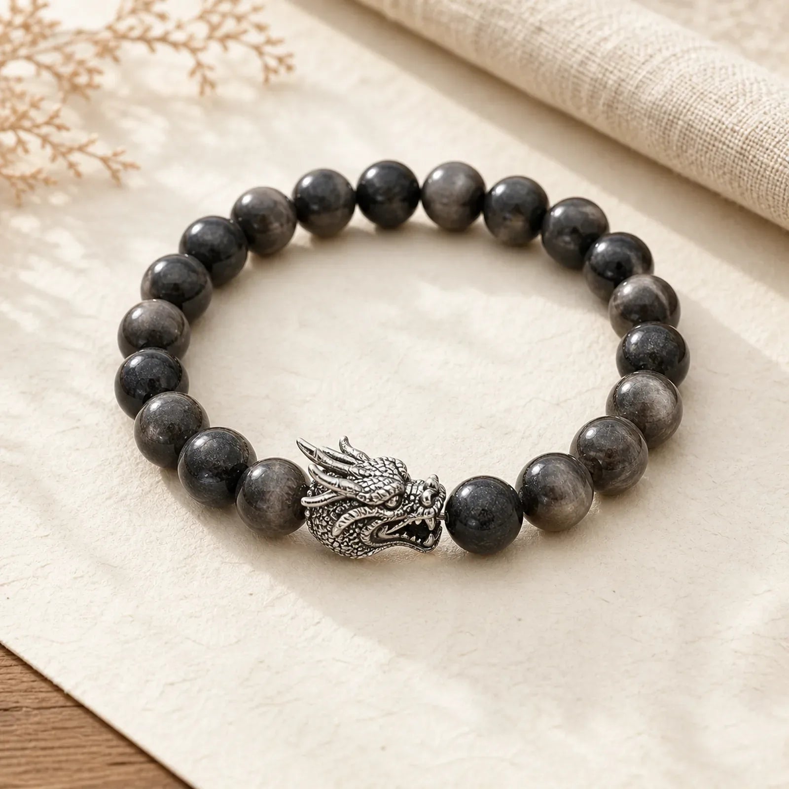 Silver Sheen Obsidian Dragon Protection Bracelet featuring Silver, Silver Sheen Obsidian, Obsidian