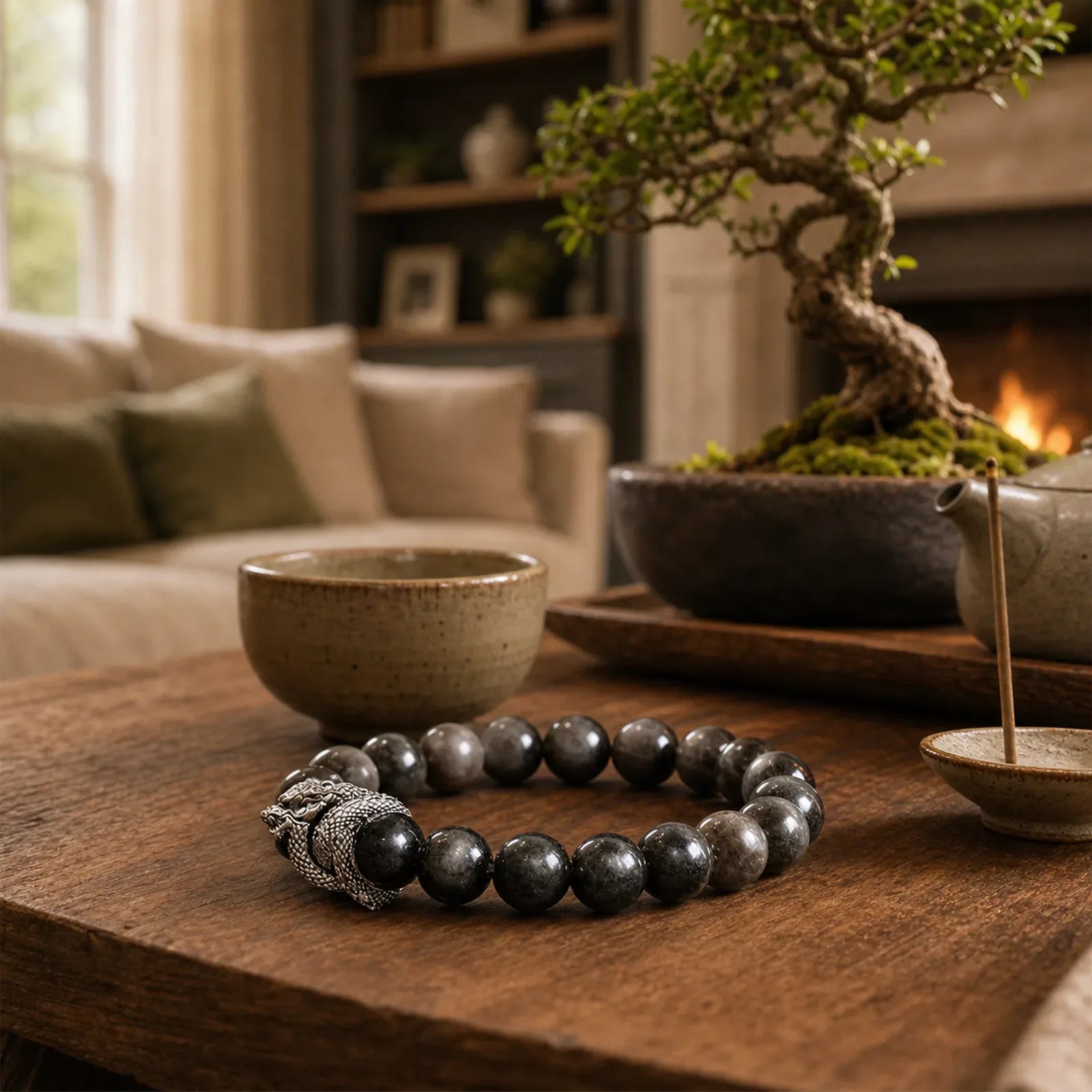 Silver Sheen Obsidian Dragon Protection Bracelet featuring Silver, Silver Sheen Obsidian, Obsidian