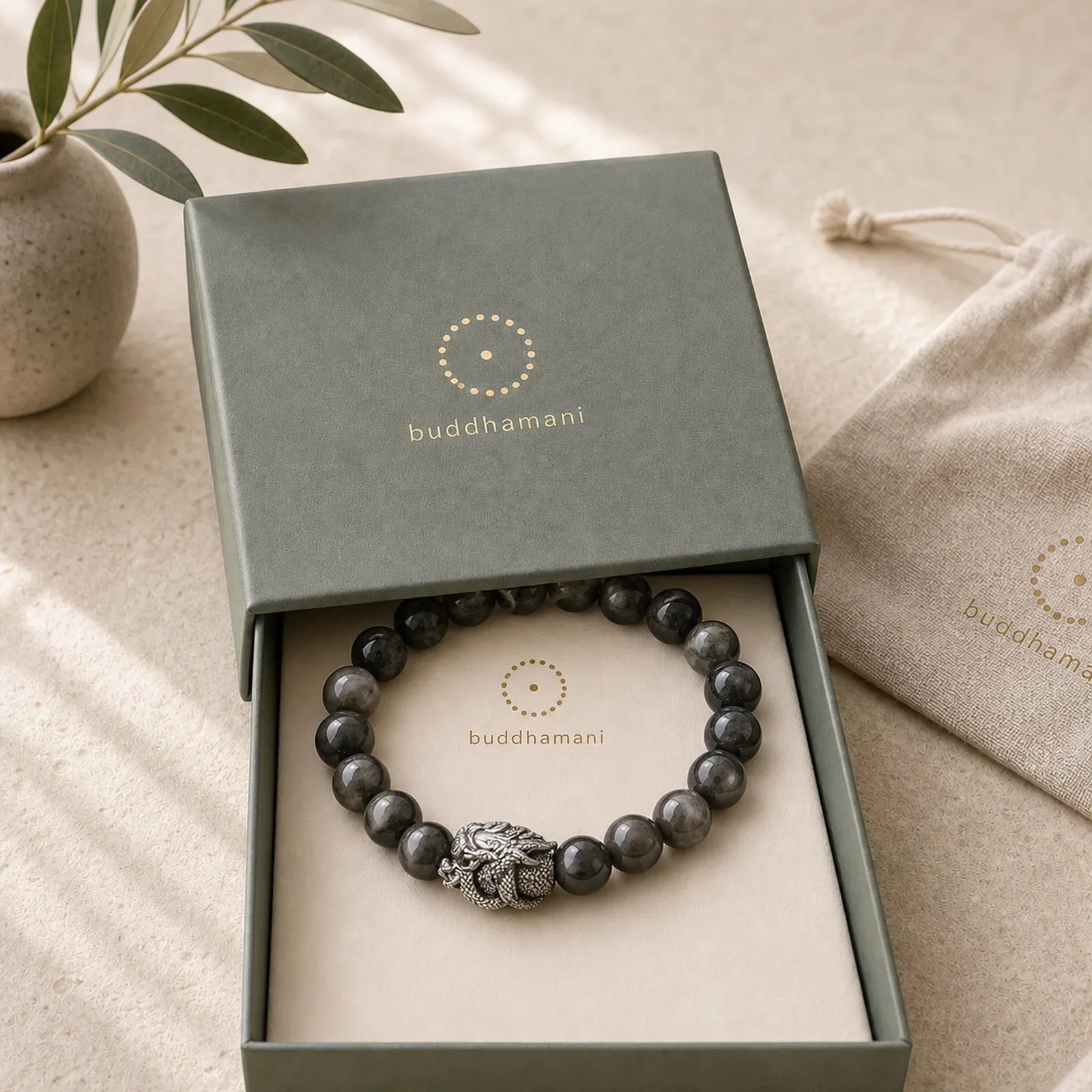 Silver Sheen Obsidian Dragon Protection Bracelet featuring Silver, Silver Sheen Obsidian, Obsidian