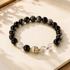 Silver Sheen Obsidian Dzi Bead Protection Round Bracelet featuring Silver, Silver Sheen Obsidian, Obsidian