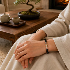 Silver Sheen Obsidian Dzi Bead Protection Round Bracelet featuring Silver, Silver Sheen Obsidian, Obsidian