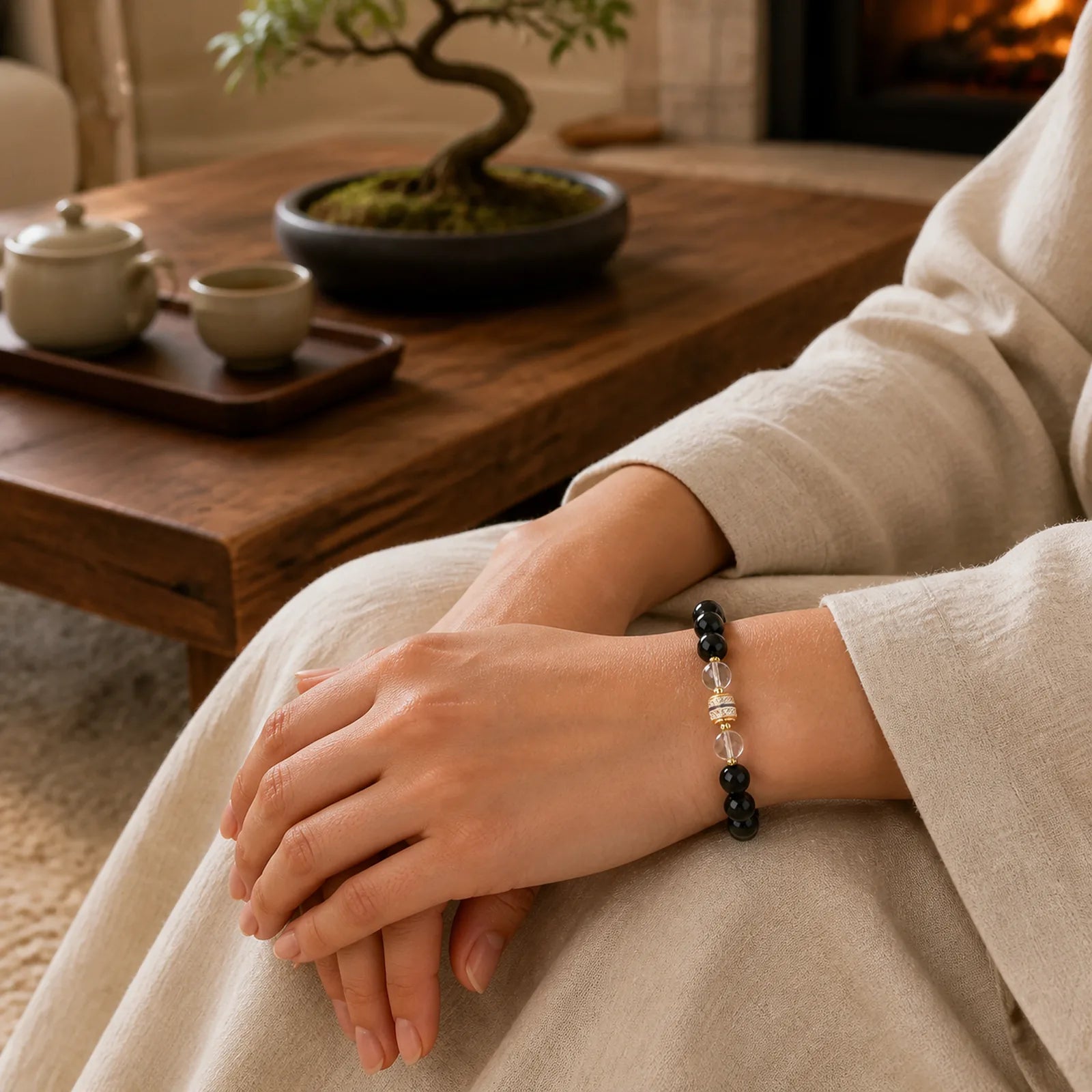 Silver Sheen Obsidian Dzi Bead Protection Round Bracelet featuring Silver, Silver Sheen Obsidian, Obsidian
