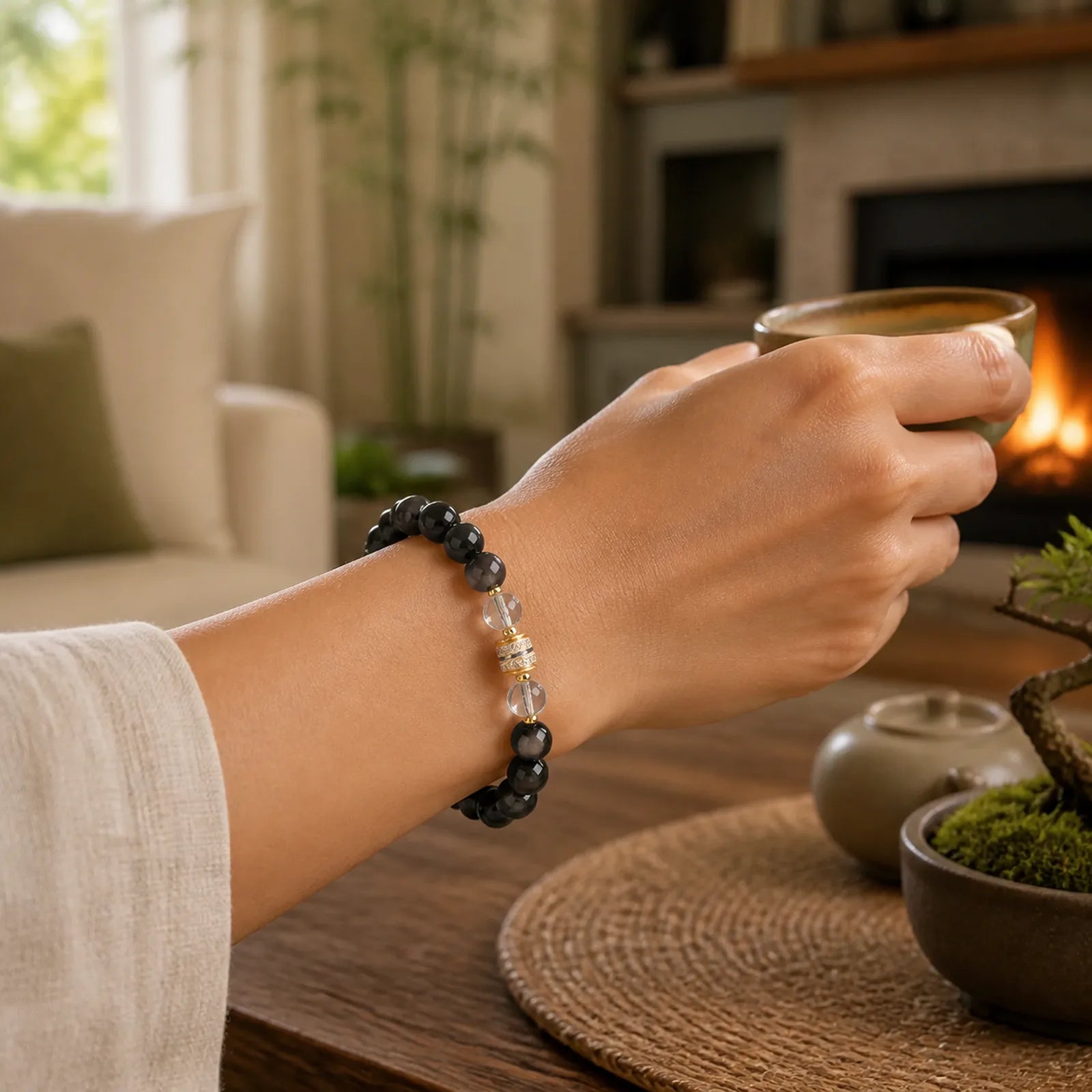 Silver Sheen Obsidian Dzi Bead Protection Round Bracelet featuring Silver, Silver Sheen Obsidian, Obsidian