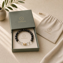 Silver Sheen Obsidian Dzi Bead Protection Round Bracelet featuring Silver, Silver Sheen Obsidian, Obsidian