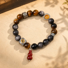 Silver Sheen Obsidian Grounding Fu Character Gourd Bracelet featuring Silver, Silver Sheen Obsidian, Obsidian